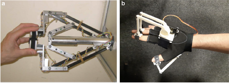 a. hand interacting with an end effector robot; b. hand being assisted by an exoskeleton robot