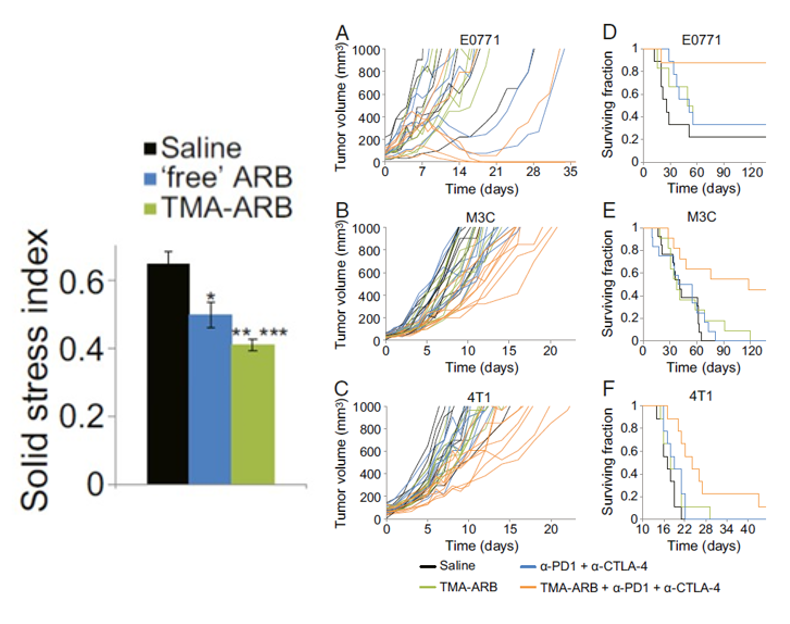 Two sets of graphs showing that reducing solid stress using a TMA-ARB drug best reduces tumor volume and improves survival in 4T1, M3C, and E077 triple-negative breast cancer mouse models. This is in comparison to a saline control which does not reduce solid stress, and 'free' ARB drug which reduces solid stress by a small amount. 