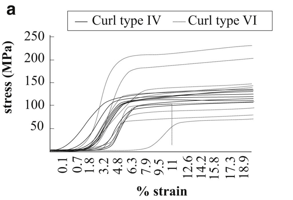 The plots for curl type IV, the straighter hair, are all around the same region of the stress-strain graph. The results for Curl type VI, curly hair, range above and below the convergence for the straighter hair.