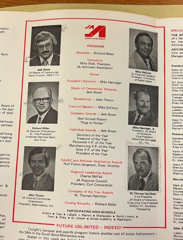 1977 JA Banquet program from a BOC collection featuring arrows doodled through JA executives’ heads but a squiggly frame around WNDU GM William Thomas Hamilton