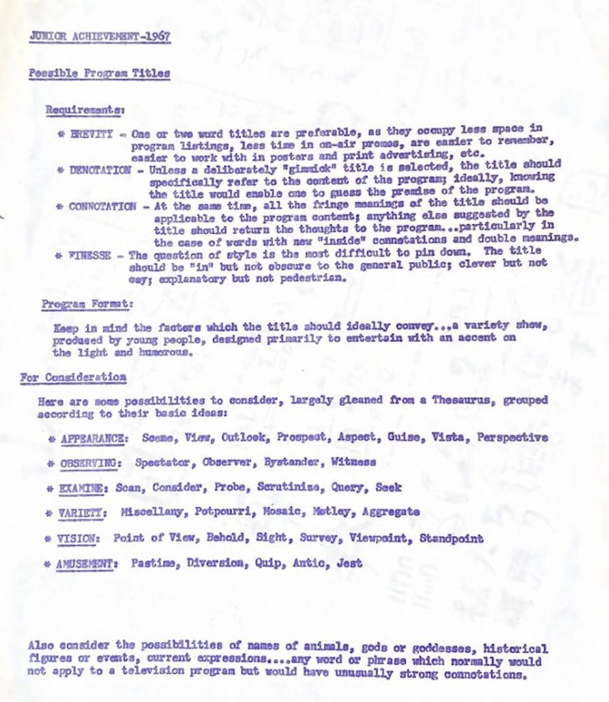1967 memo: Possible Titles