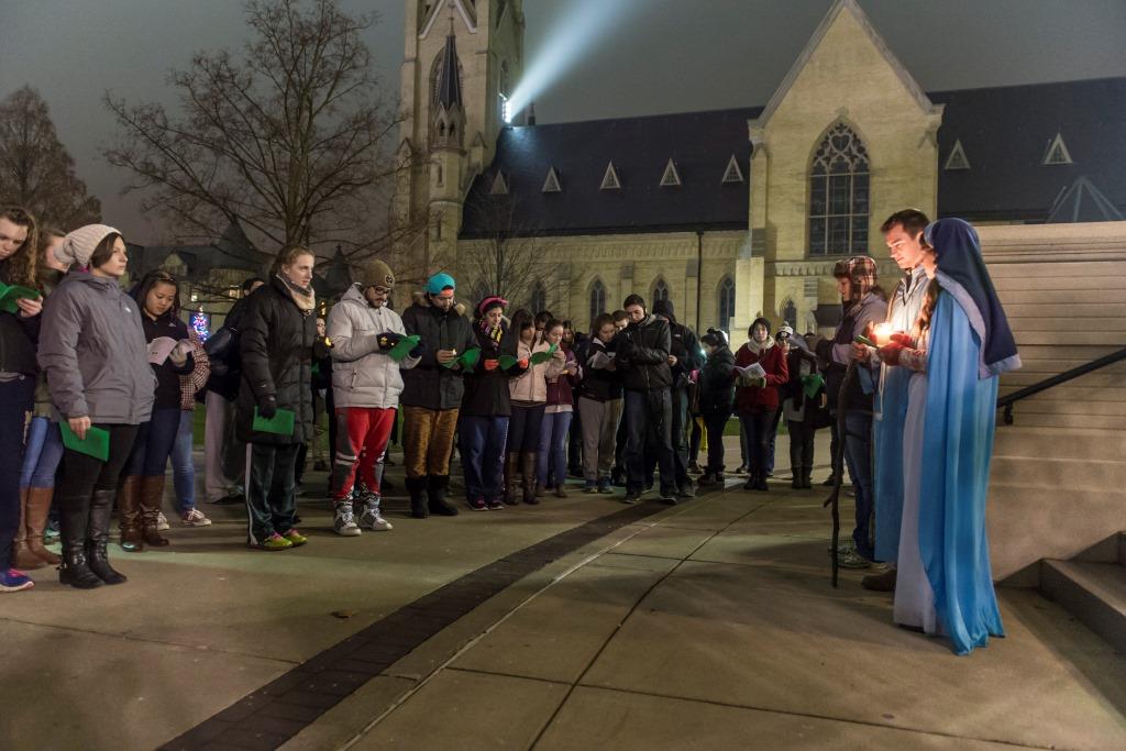 Dec. 3, 2015; Las Posadas walk from the Grotto to Farley Hall. (Photo by Barbara Johnston/University of Notre Dame)
