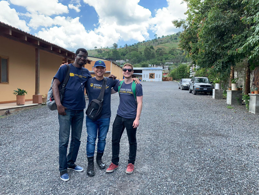 MGA student Max Ngoc Nguyen stands with his i-Lab partner, Dominic Scarcelli and the founder of Ecofiltro, Philip Wilson, in rural Guatemala.