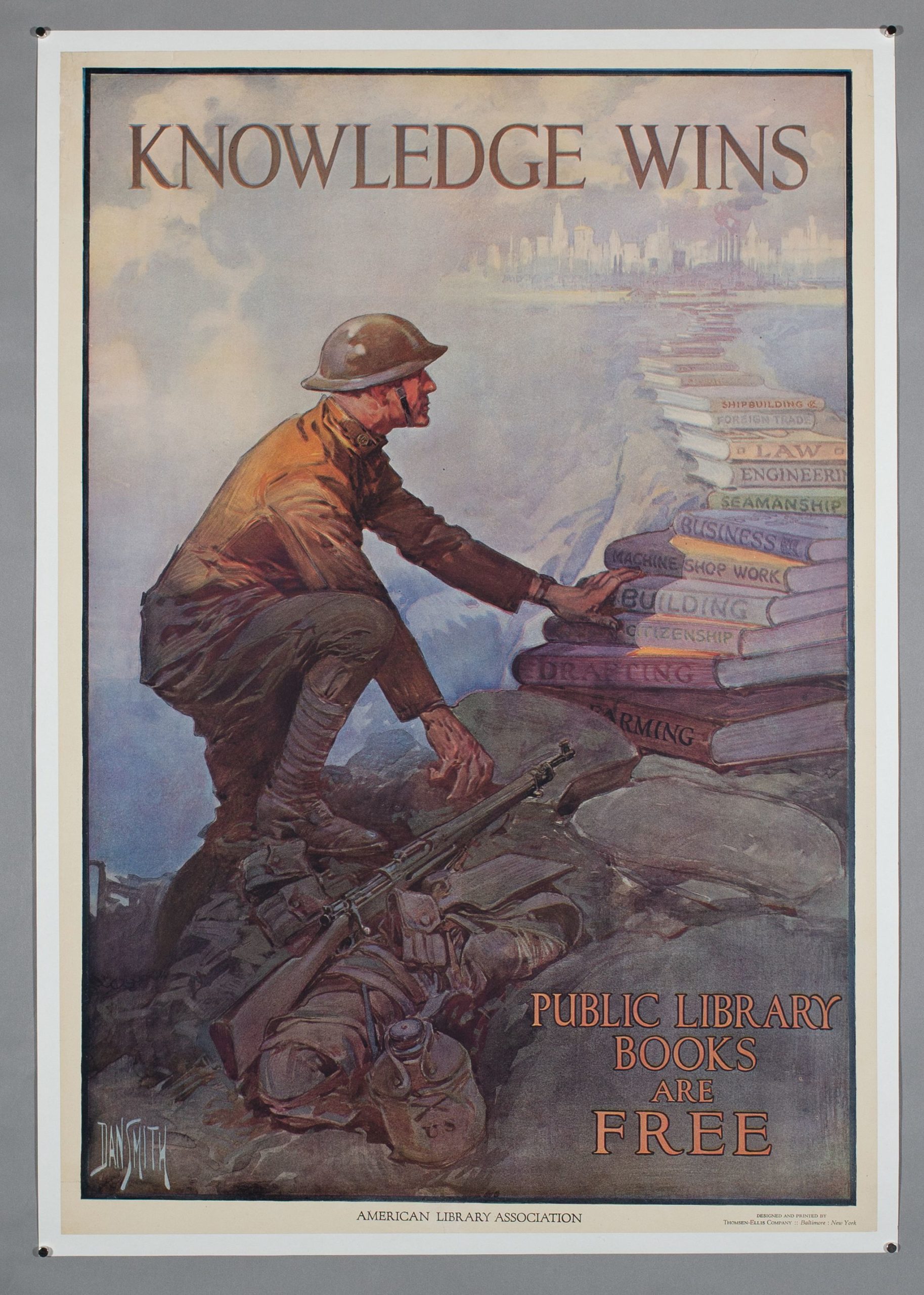 A soldier climbing a mountain of books, title reads Knowledge Wins 