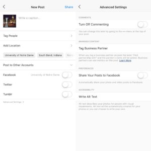 Side by side images of Instagram's New Post screen and Advanced Settings of a post screen