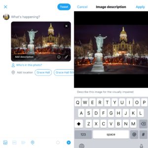 Image of a New Tweet screen and Add Alt Text screen on Twitter
