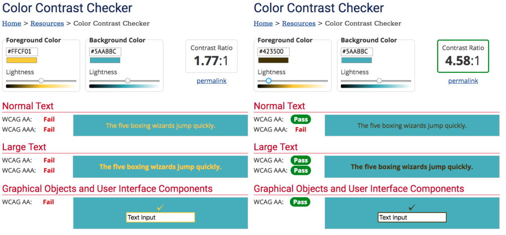 Color Contrast checker showing a failing and then passing grade on text on a solid background