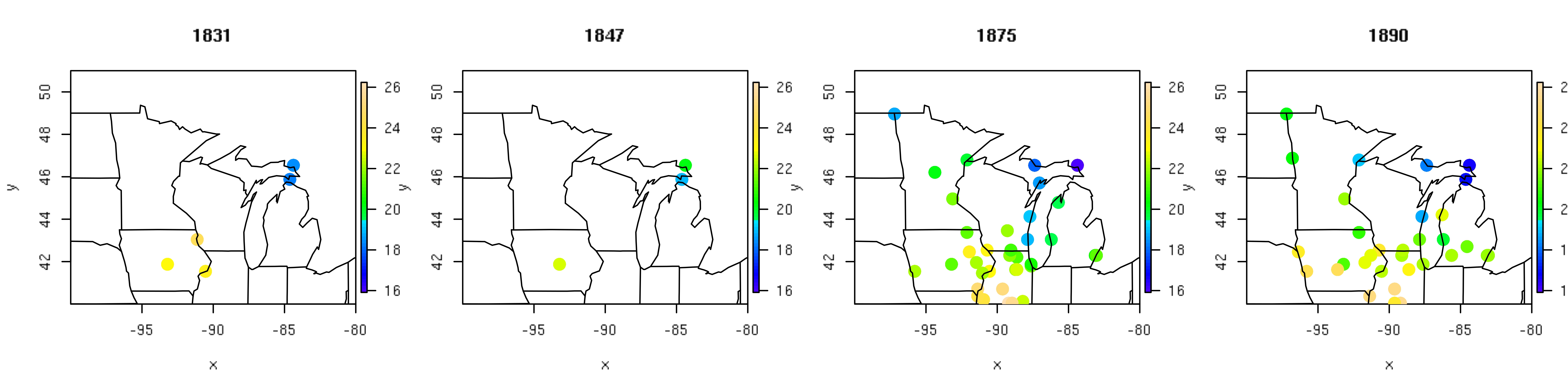 Figure 1. Four representative years of temperature records (ÂºC) from the historical fort network.