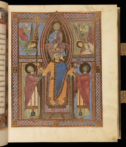 München, Bayerische Staatsbibliothek, Clm 4456, fol. 11r, is known as the coronation image of Henry II. In the image, Henry is crowned by Christ, as angels in the two windows beside Christ bring him his lance and sword. He is being supported by Saint Ulrich on the left and Emmeram on the right.