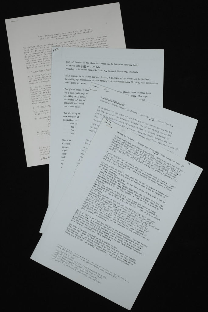 Copies of four typed transcripts of sermons, displayed overlapping against a black background.