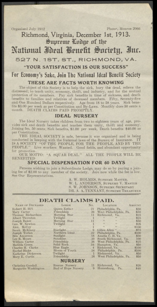 National Ideal Benefit Society advertisement, 1913.