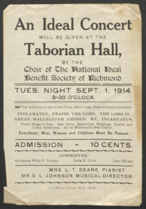 Advertisement for a concert by the National Ideal Benefit Society's choir, 1914.