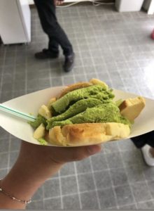 melon-pan with matcha ice cream