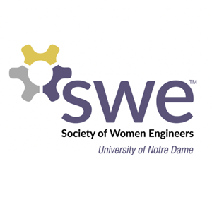 Logo of the Society of Women Engineers (SWE) Notre Dame chapter, featuring a three-color gear symbol on the left and the text “swe” in large purple letters. Below it reads “Society of Women Engineers” and “University of Notre Dame.”
