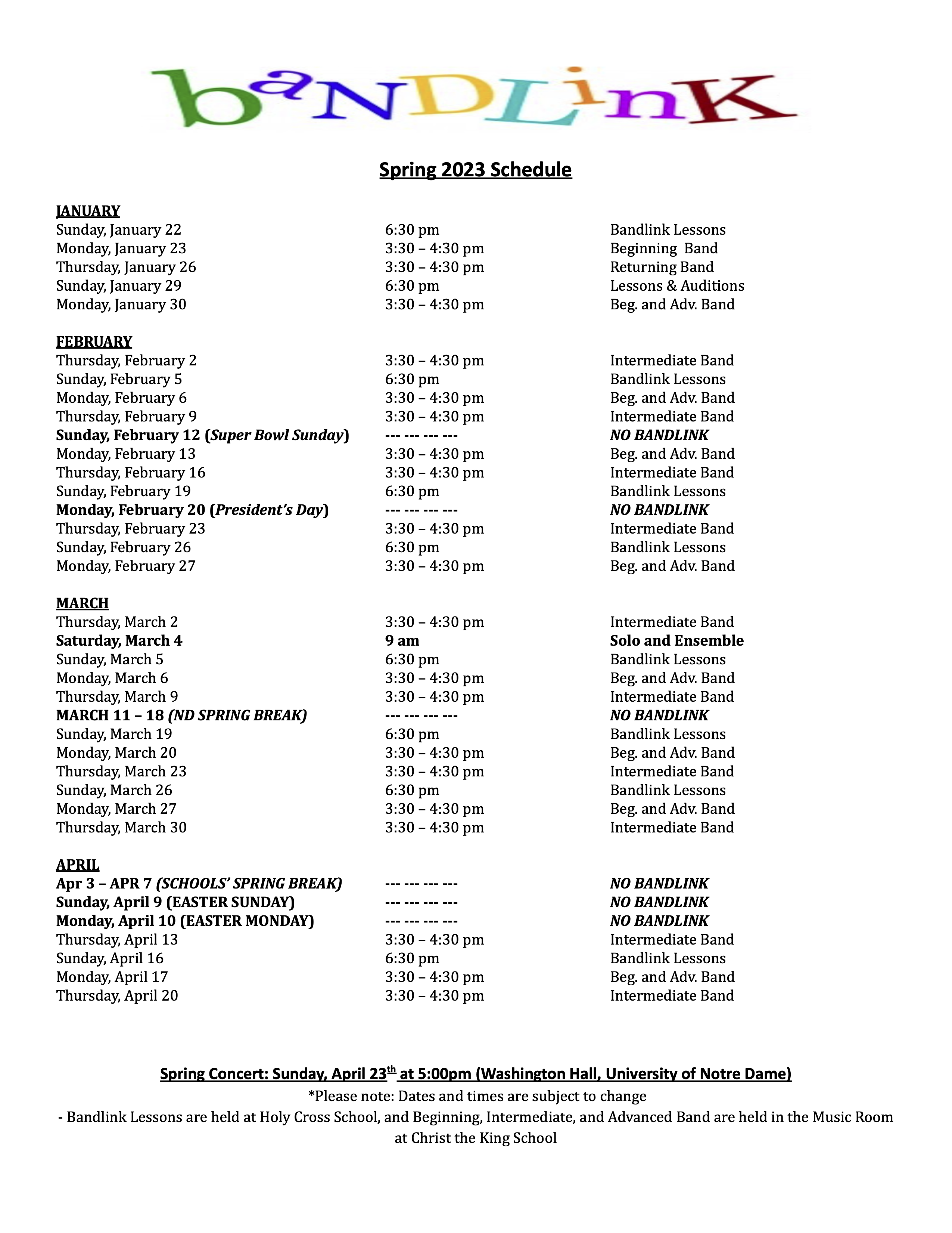 Schedule | Notre Dame Bandlink