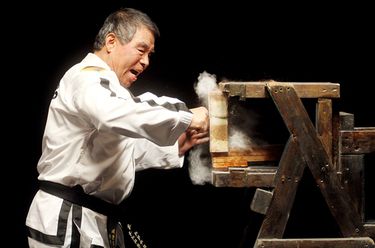 Taekwon-Do Grandmaster Rhee Ki Ha breaking a solid concrete block with a punch  
