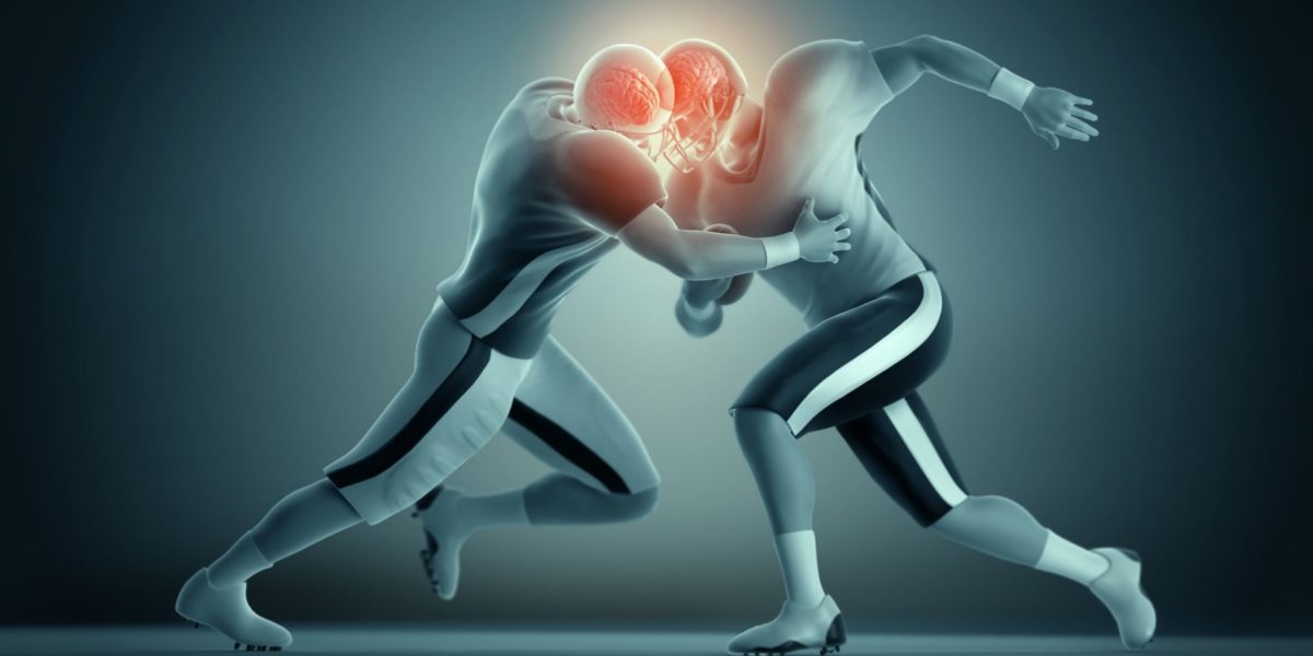 Two football players colliding heads with their brains highlighted