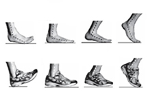 Diagram illustrating four phases of foot contact with the ground for forefront strike and rear foot strike patterns