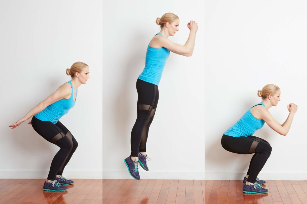 Woman doing long jumps including images of launch, mid-air and landing positions. 