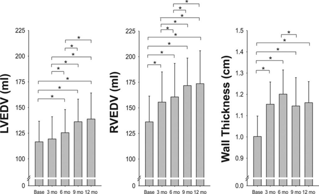 This graphic shows that the Left and Right Ventricles of the heart increase in volume as a result of running with the left growing more towards the end of the first year while the right grows more initially. Wall thickness is also shown to increase after the first three months then leaving off.