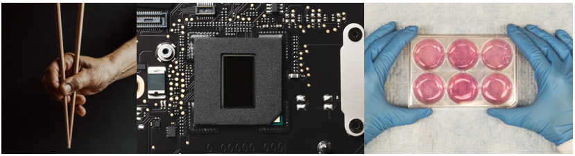 This picture is divided in three parts. The first is about a hand holding chopsticks. The second is a circuit, with the propose to touch the simulation part. And the third is cell culture picture inside the lab using a 6-well plate.