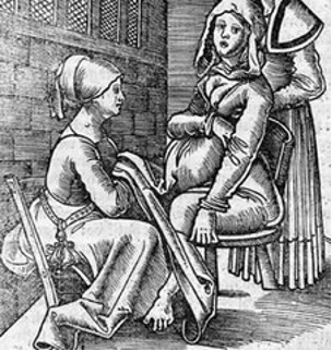 A medieval drawing depicts a women giving birth while seated in a chair. Two women are assisting her. 