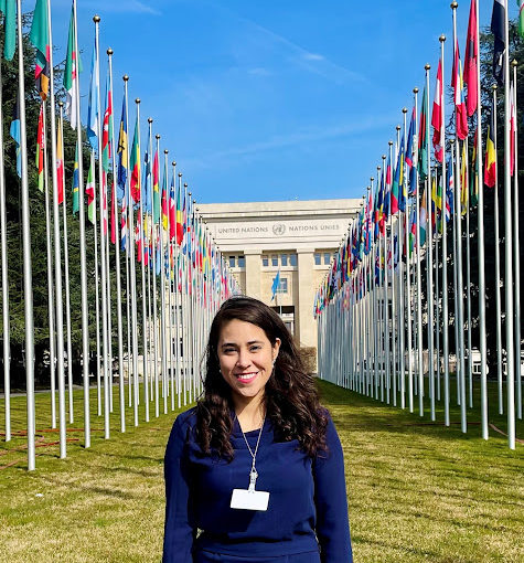 Master of global affairs student Angelina Soriano Nuncio outside the United Nations Office in Geneva
