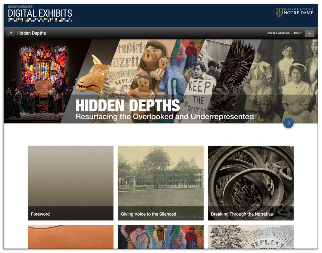 Screen shot of the homepage of the digital exhibition "Hidden Depths", showing the header banner at top (a collage of detail images of the items explored in the digital exhibit) and below that the first few tiles of the exhibit showcases.